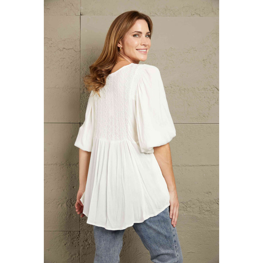 Double Take V - Neck Half Sleeve Blouse with Pockets Apparel and Accessories