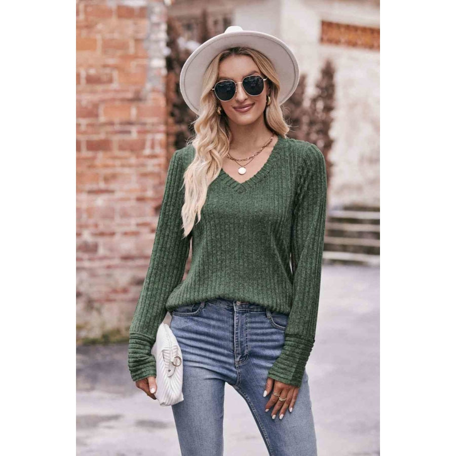 Double Take V-Neck Long Sleeve Ribbed Top Army Green / S Shirts &amp; Tops