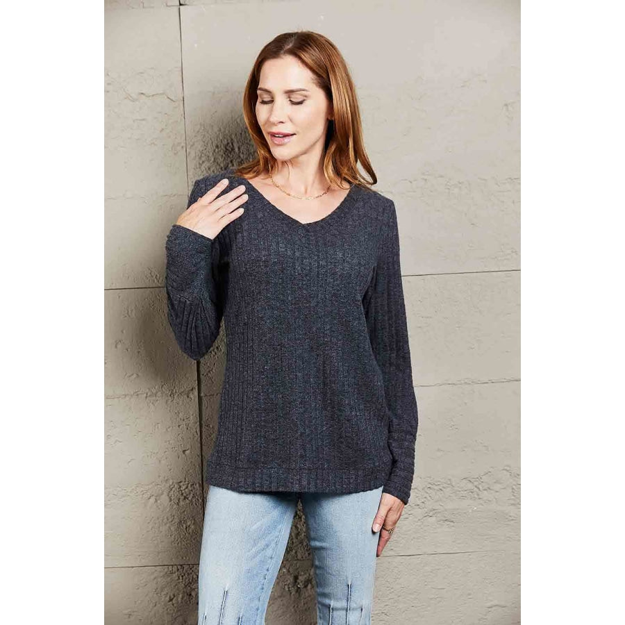 Double Take V-Neck Long Sleeve Ribbed Top Black / S Shirts &amp; Tops