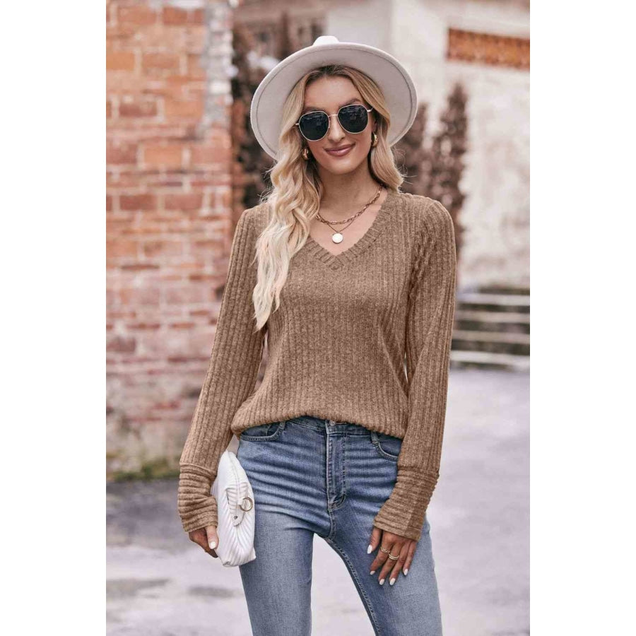 Double Take V-Neck Long Sleeve Ribbed Top Camel / S Shirts &amp; Tops