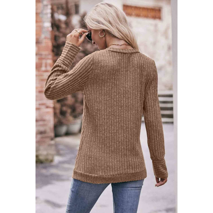 Double Take V-Neck Long Sleeve Ribbed Top Shirts &amp; Tops