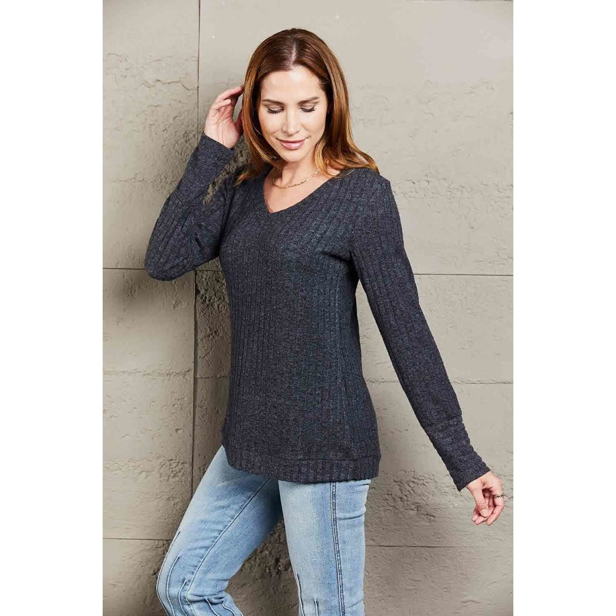 Double Take V-Neck Long Sleeve Ribbed Top Shirts &amp; Tops