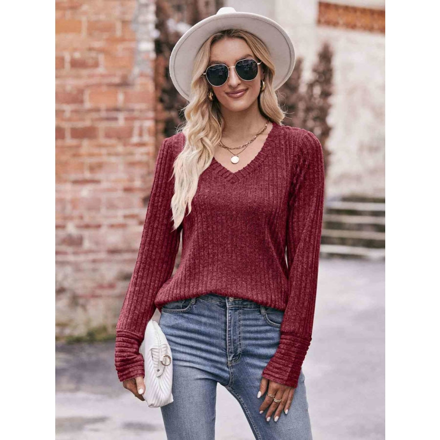 Double Take V-Neck Long Sleeve Ribbed Top Shirts &amp; Tops