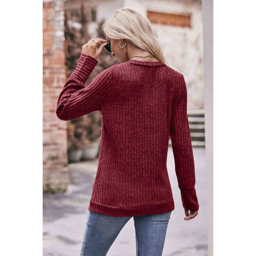 Double Take V-Neck Long Sleeve Ribbed Top Shirts &amp; Tops