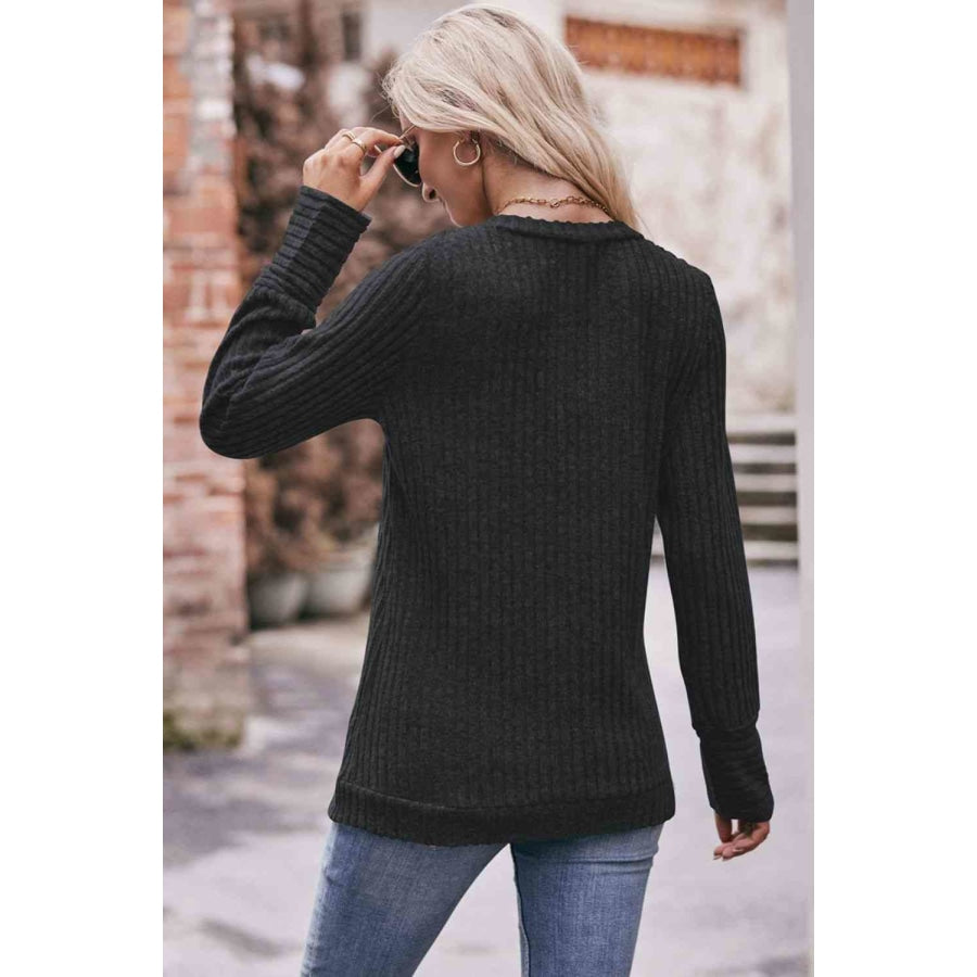 Double Take V-Neck Long Sleeve Ribbed Top Shirts &amp; Tops