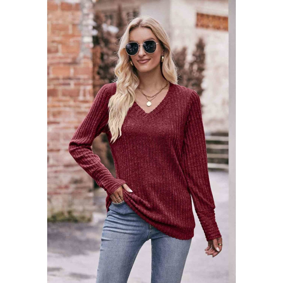 Double Take V-Neck Long Sleeve Ribbed Top Wine / S Shirts &amp; Tops