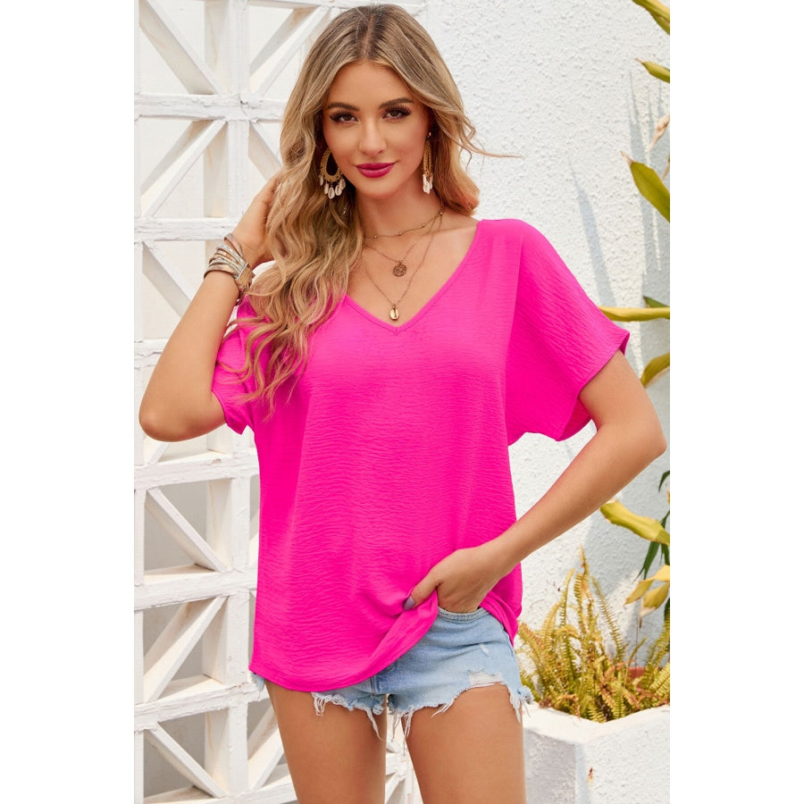 Double Take V-Neck Short Sleeve Top Hot Pink / S