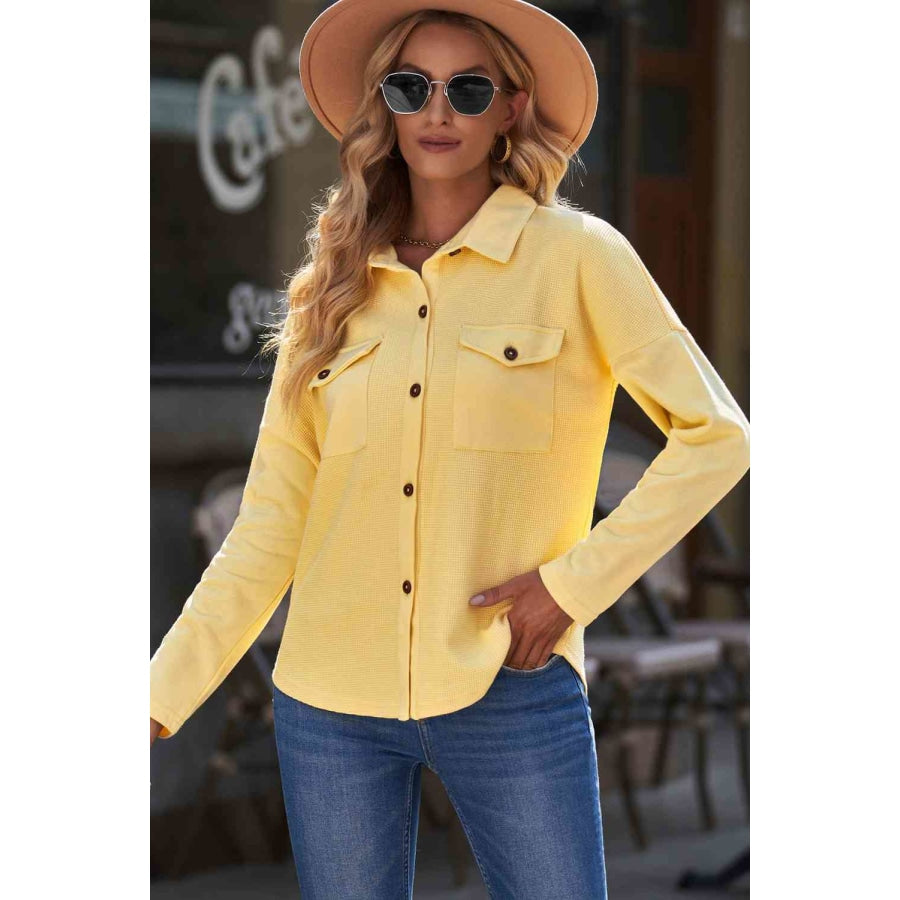 Double Take Waffle Knit Button Front Shirt with Breast Pockets Apparel and Accessories
