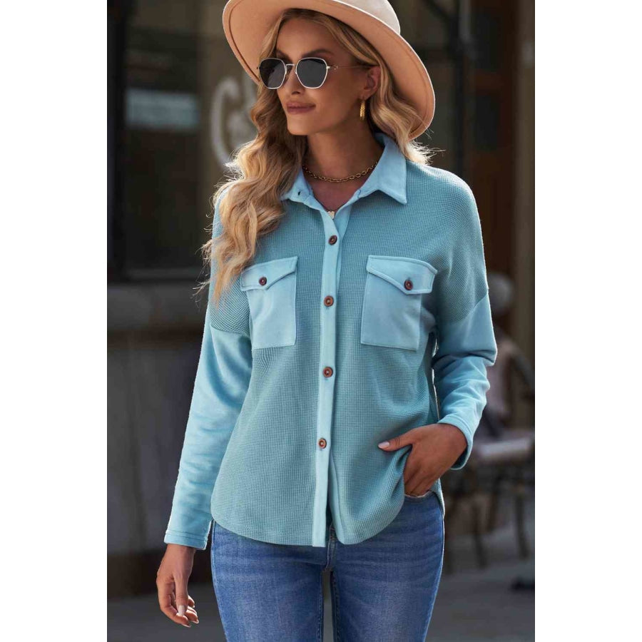 Double Take Waffle Knit Button Front Shirt with Breast Pockets Apparel and Accessories