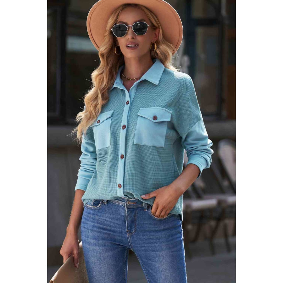 Double Take Waffle Knit Button Front Shirt with Breast Pockets Sky Blue / S Apparel and Accessories