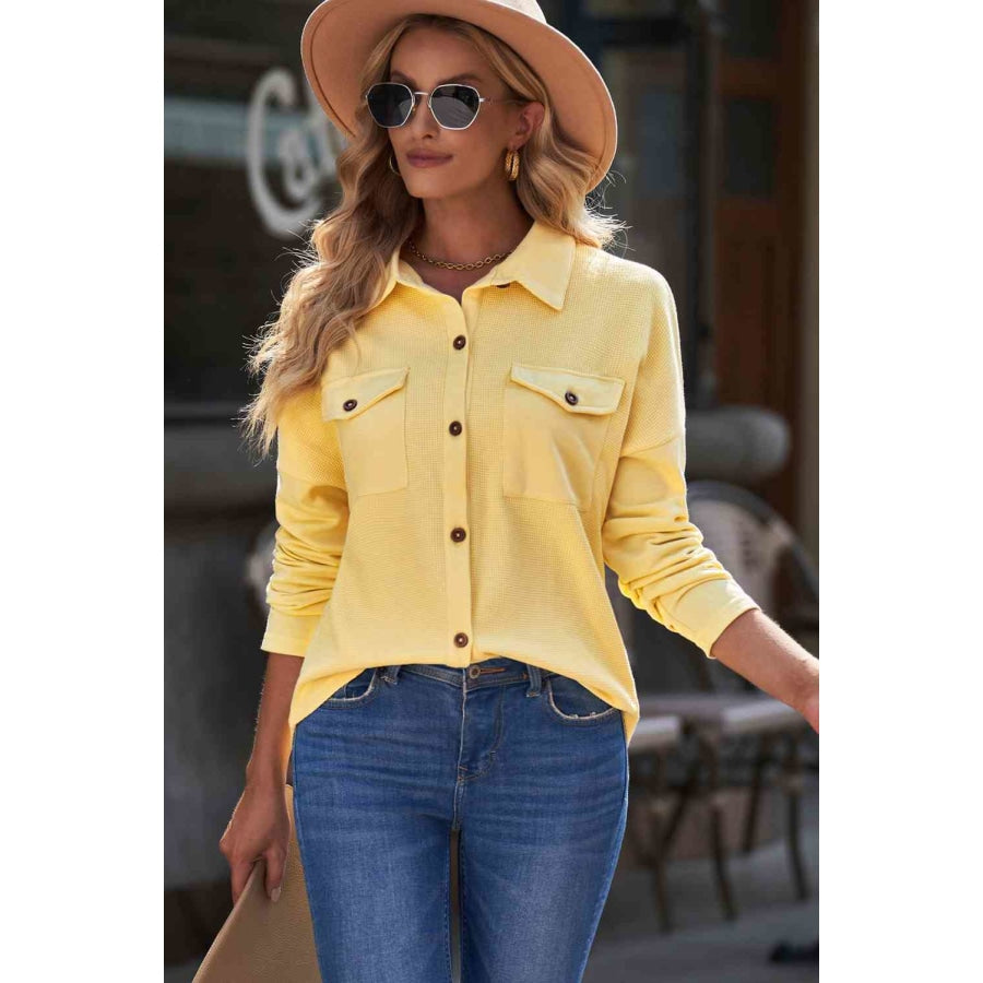 Double Take Waffle Knit Button Front Shirt with Breast Pockets Yellow / S Apparel and Accessories
