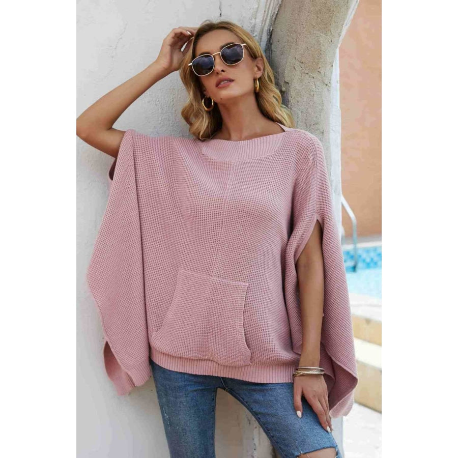 Double Take Waffle-Knit Cloak Sleeve Pocket Sweater Pink / S-M Sweater