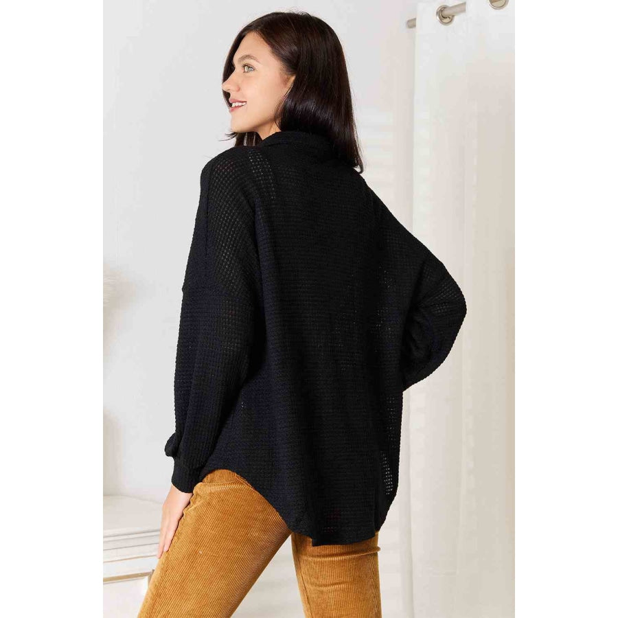 Double Take Waffle-Knit Collared Neck Dropped Shoulder Shirt