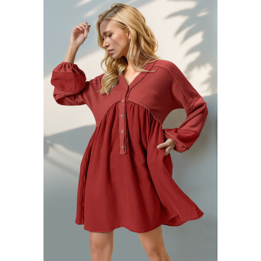 Double Take Waffle-Knit Contrast Half Button V-Neck Long Sleeve Mini Dress Red / S Apparel and Accessories