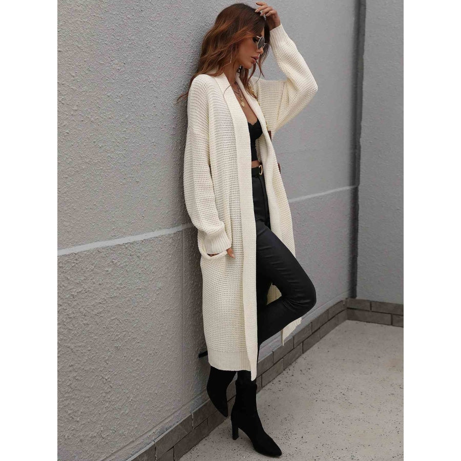 Double Take Waffle Knit Open Front Duster Cardigan With Pockets Apparel and Accessories