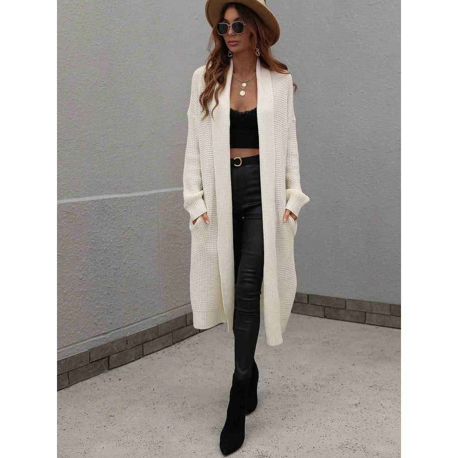 Double Take Waffle Knit Open Front Duster Cardigan With Pockets Apparel and Accessories