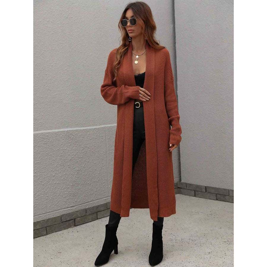 Double Take Waffle Knit Open Front Duster Cardigan With Pockets Brown / S Apparel and Accessories