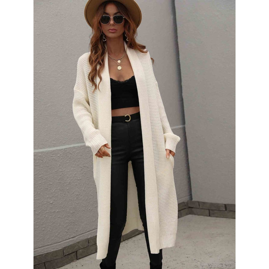 Double Take Waffle Knit Open Front Duster Cardigan With Pockets Cream / S Apparel and Accessories