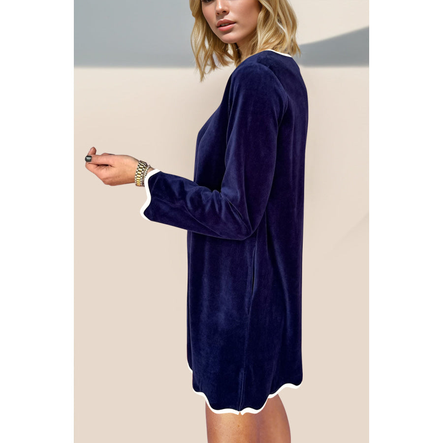 Double Take Wave Contrast Trim V-Neck Zip Up Long Sleeve Mini Dress Apparel and Accessories