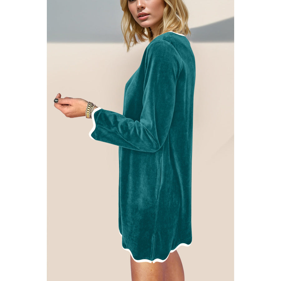 Double Take Wave Contrast Trim V-Neck Zip Up Long Sleeve Mini Dress Apparel and Accessories