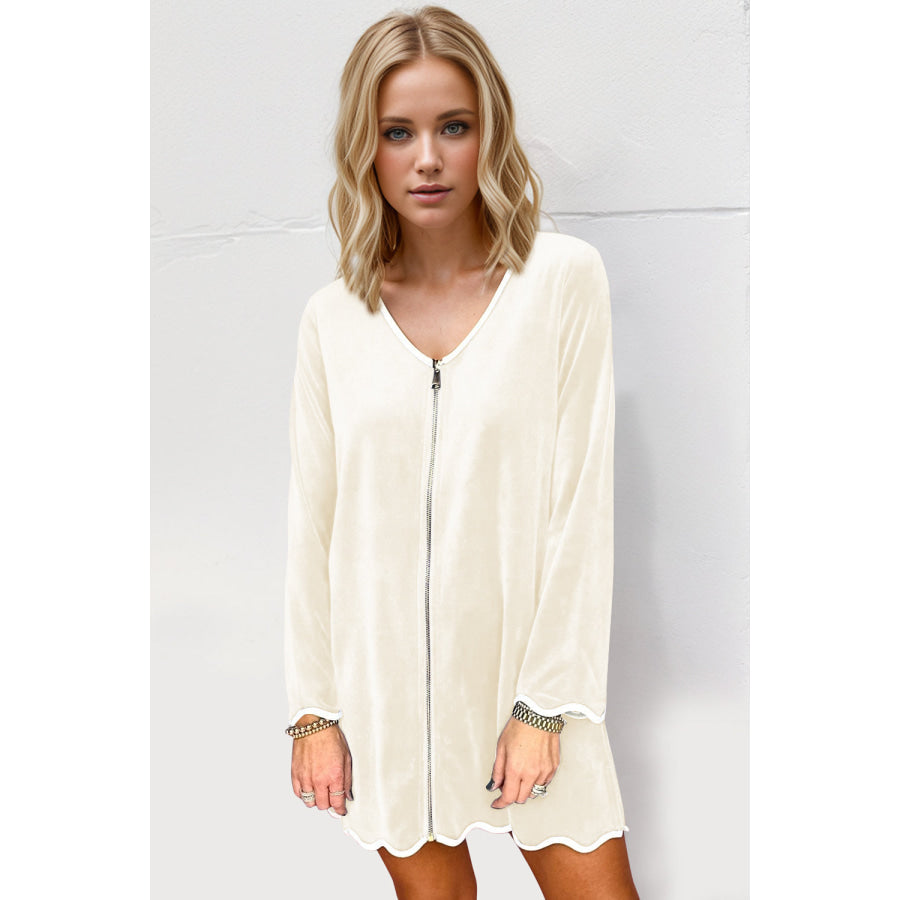 Double Take Wave Contrast Trim V-Neck Zip Up Long Sleeve Mini Dress Cream / S Apparel and Accessories