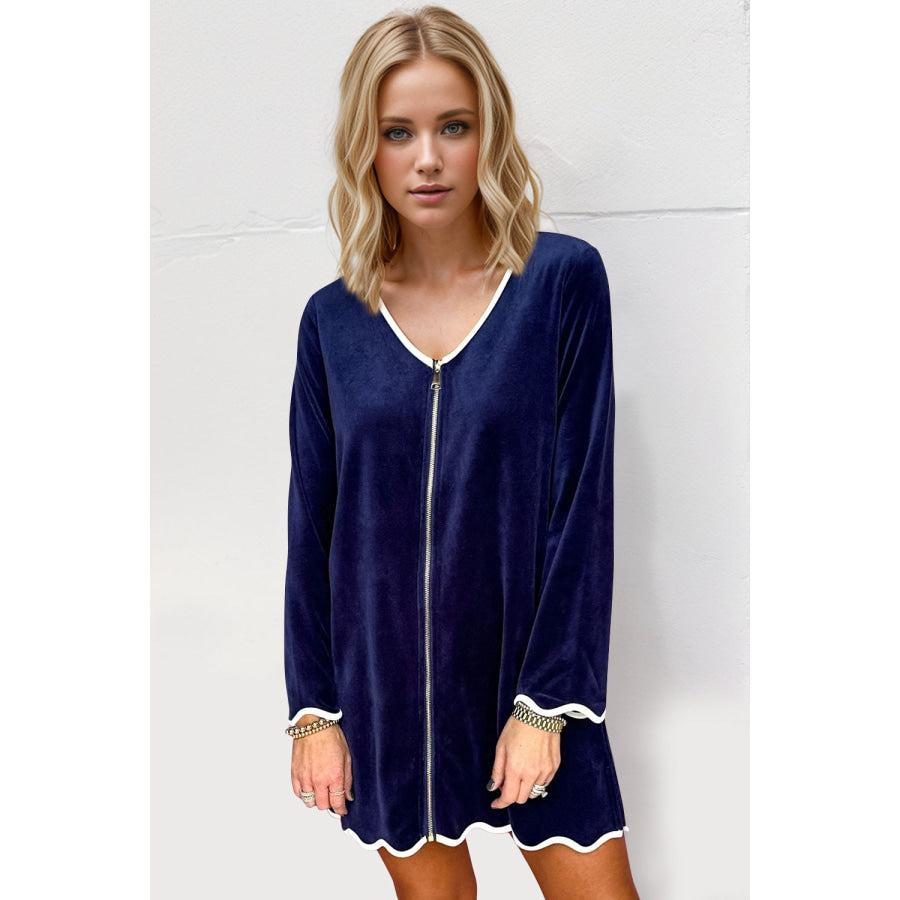 Double Take Wave Contrast Trim V-Neck Zip Up Long Sleeve Mini Dress Navy / S Apparel and Accessories