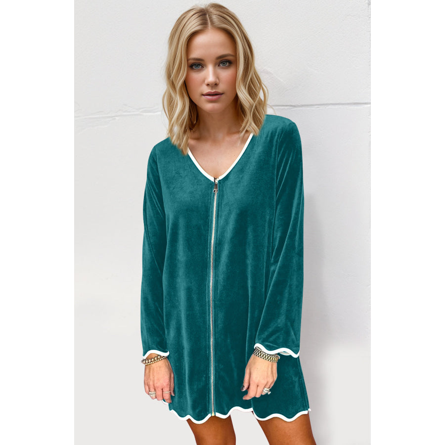 Double Take Wave Contrast Trim V-Neck Zip Up Long Sleeve Mini Dress Teal / S Apparel and Accessories