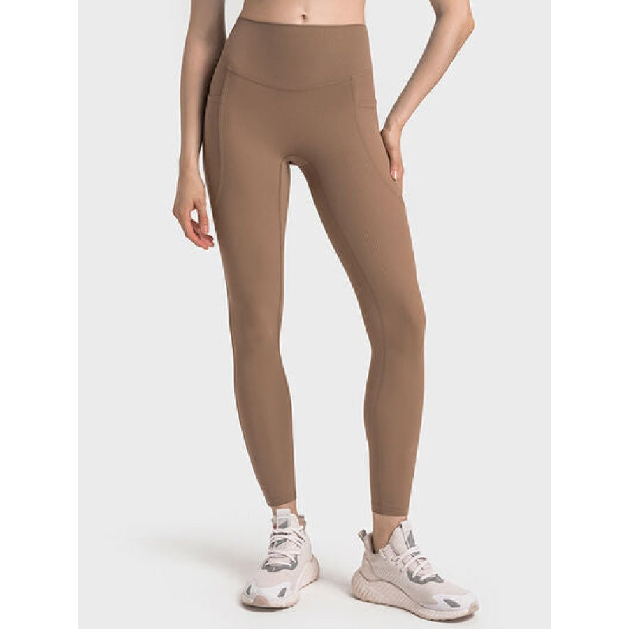 Double Take Wide Waistband Leggings Tan / 4 Apparel and Accessories