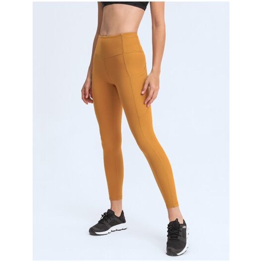 Double Take Wide Waistband Leggings with Pockets Tangerine / 4 Apparel and Accessories