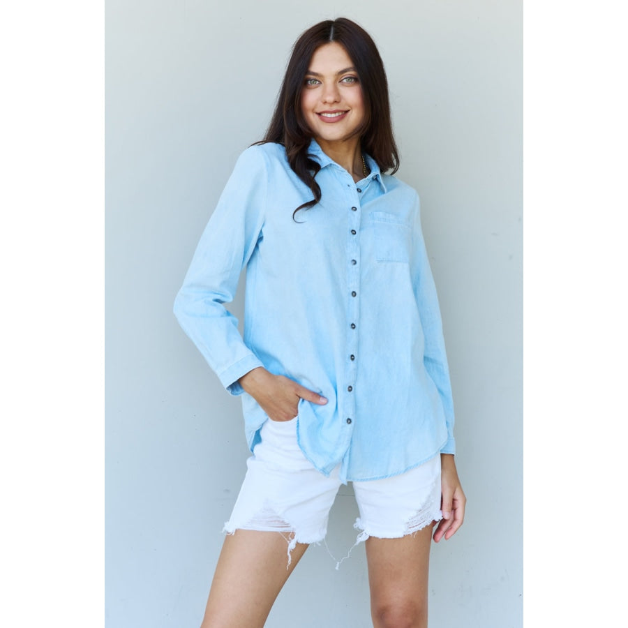 Doublju Blue Jean Baby Denim Button Down Shirt Top in Light Blue