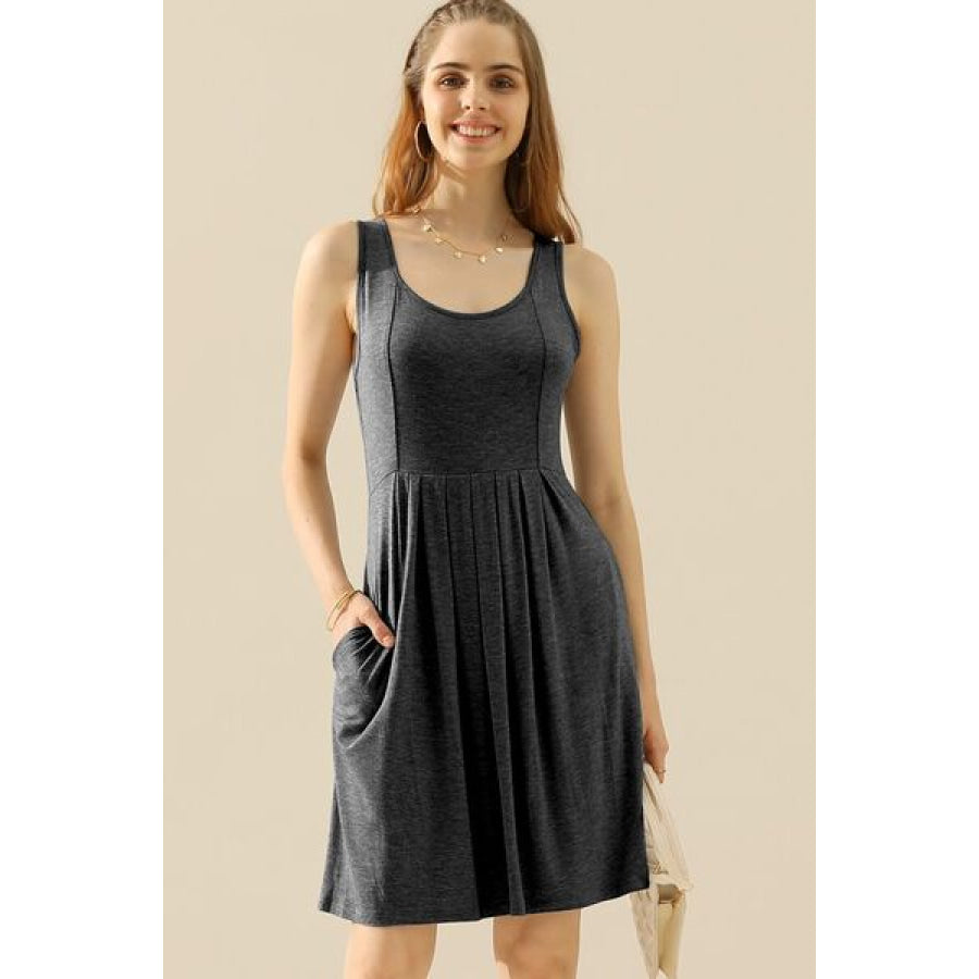 Doublju Full Size Round Neck Ruched Sleeveless Dress with Pockets Apparel and Accessories