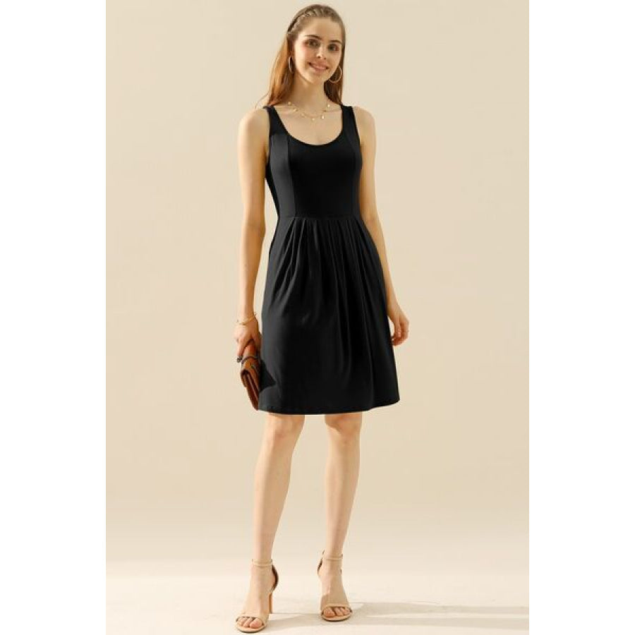 Doublju Full Size Round Neck Ruched Sleeveless Dress with Pockets Black / S Apparel and Accessories