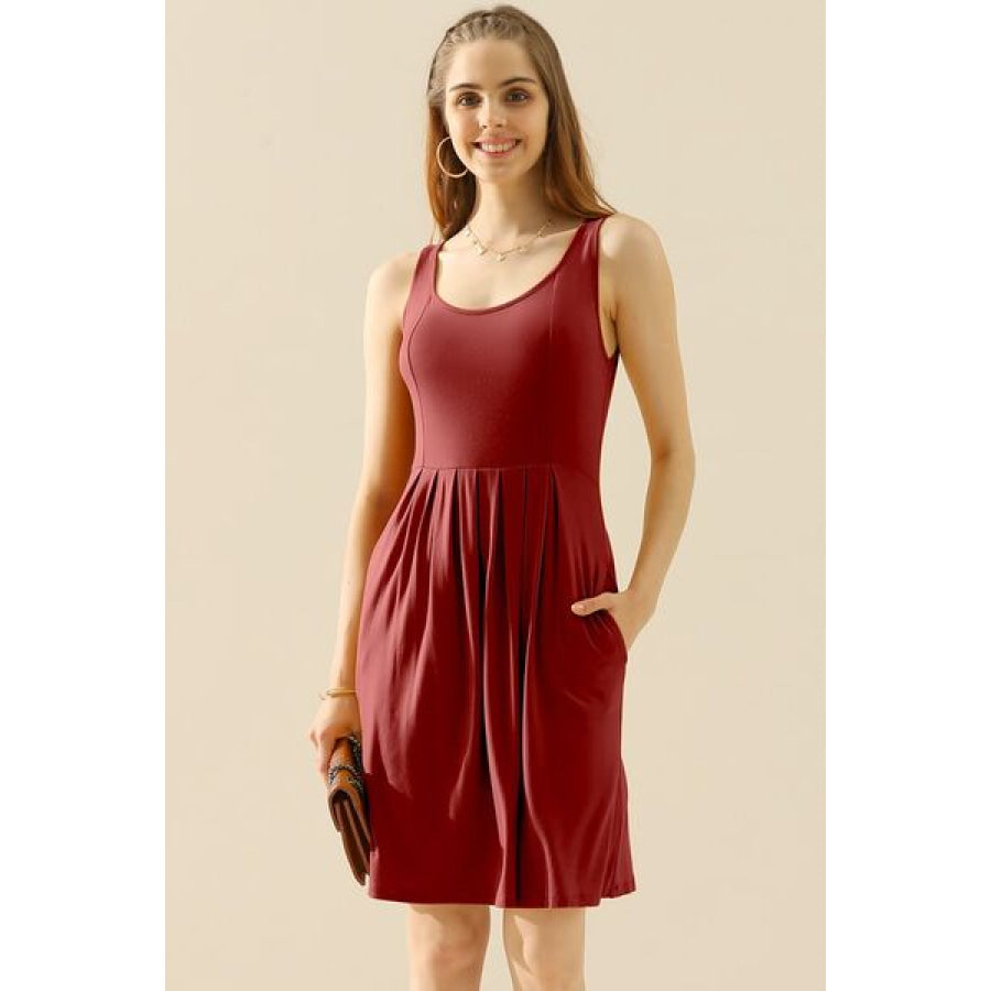 Doublju Full Size Round Neck Ruched Sleeveless Dress with Pockets BURGUNDY / S Apparel and Accessories