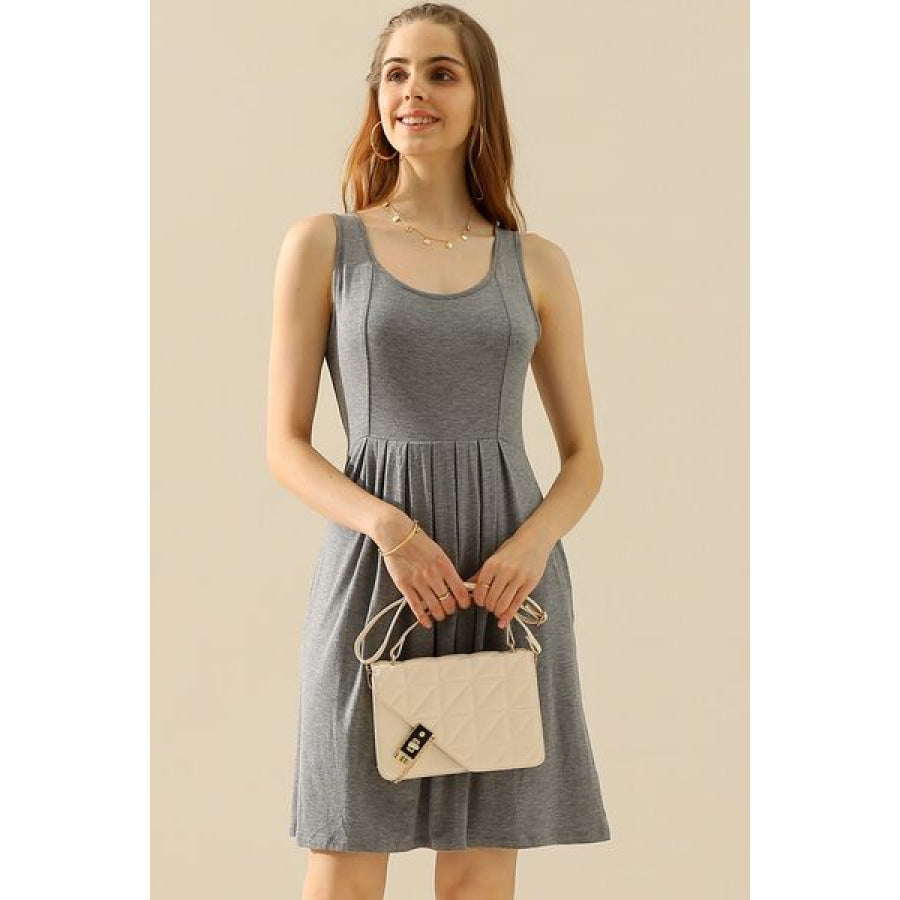Doublju Full Size Round Neck Ruched Sleeveless Dress with Pockets H GREY / S Apparel and Accessories