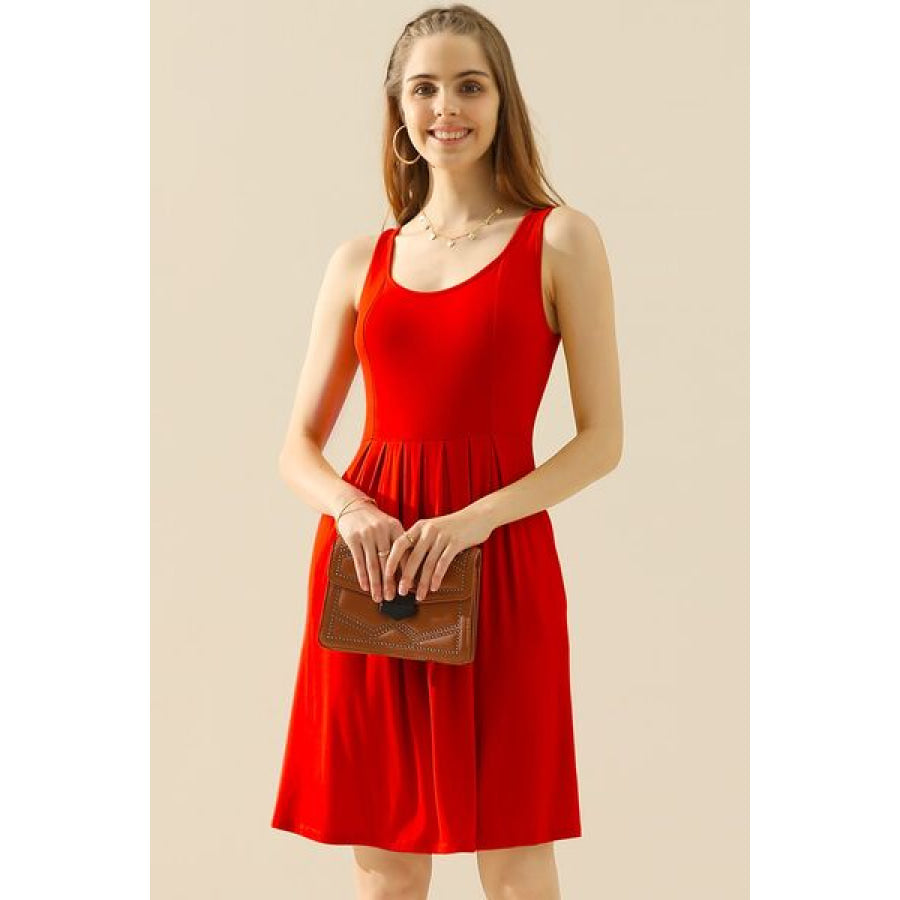 Doublju Full Size Round Neck Ruched Sleeveless Dress with Pockets RED / S Apparel and Accessories