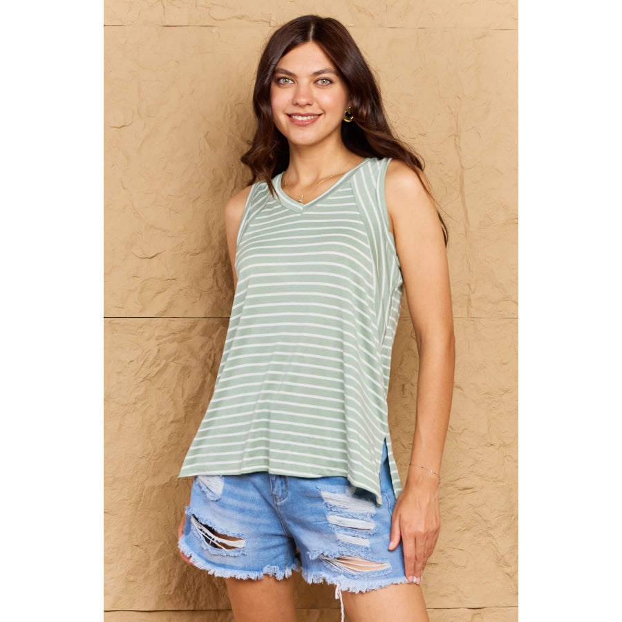 Doublju Full Size Striped Sleeveless V-Neck Top Apparel and Accessories