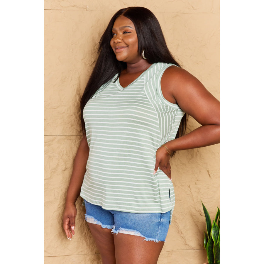 Doublju Full Size Striped Sleeveless V-Neck Top Apparel and Accessories