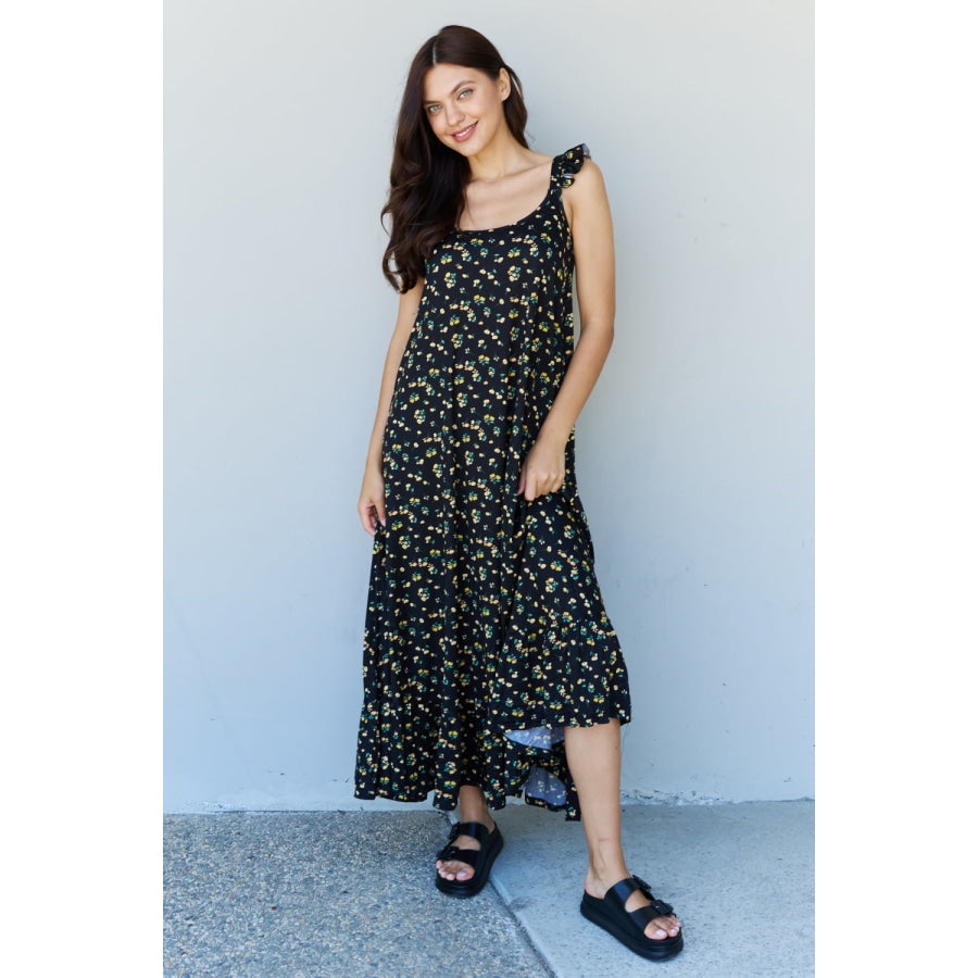 Doublju In The Garden Ruffle Floral Maxi Dress in Black Yellow Floral Floral / S