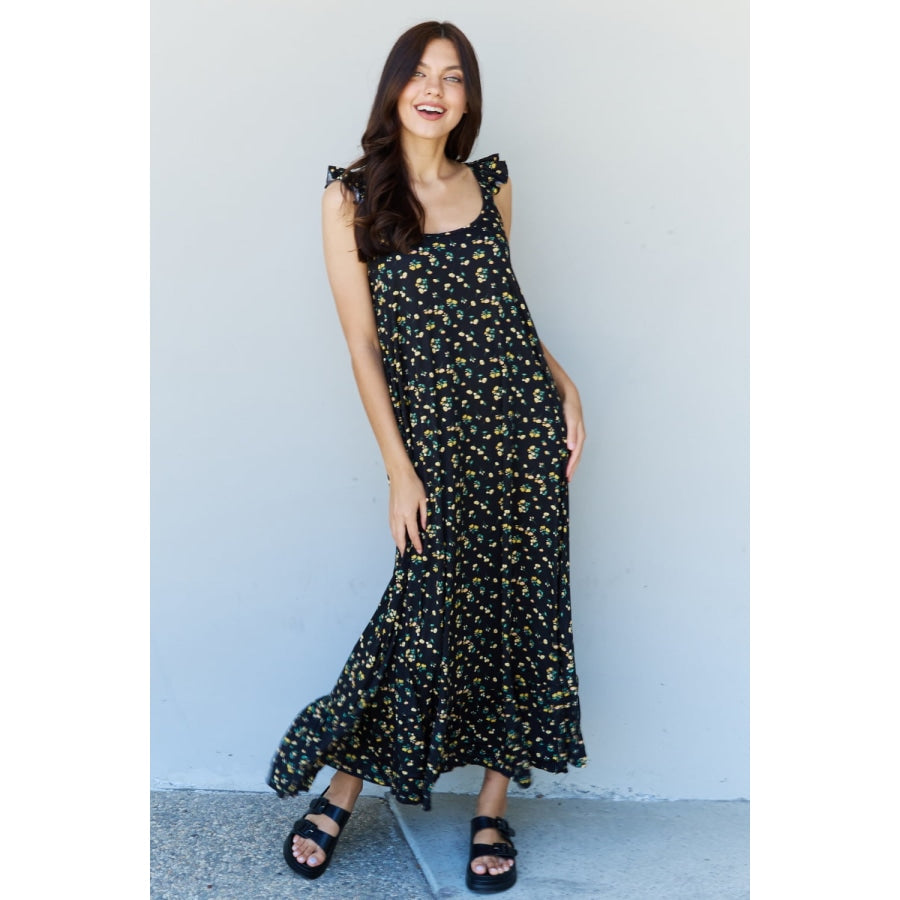 Doublju In The Garden Ruffle Floral Maxi Dress in Black Yellow Floral