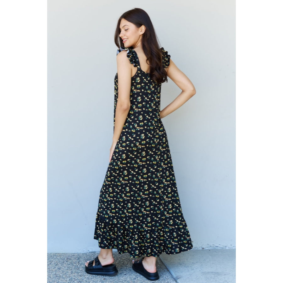 Doublju In The Garden Ruffle Floral Maxi Dress in Black Yellow Floral