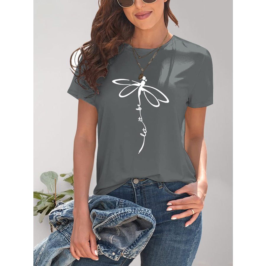 Dragonfly Graphic Round Neck Short Sleeve T-Shirt Charcoal / S Apparel and Accessories