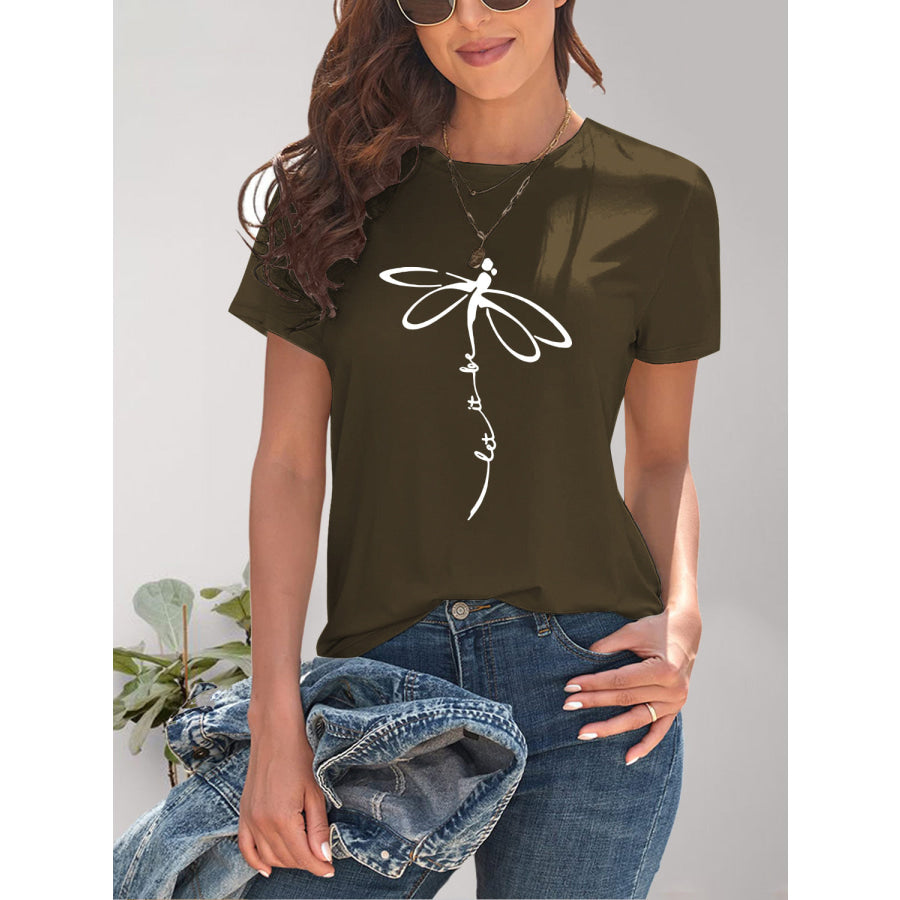 Dragonfly Graphic Round Neck Short Sleeve T-Shirt Olive Brown / S Apparel and Accessories