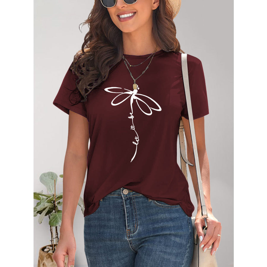 Dragonfly Graphic Round Neck Short Sleeve T-Shirt Wine / S Apparel and Accessories