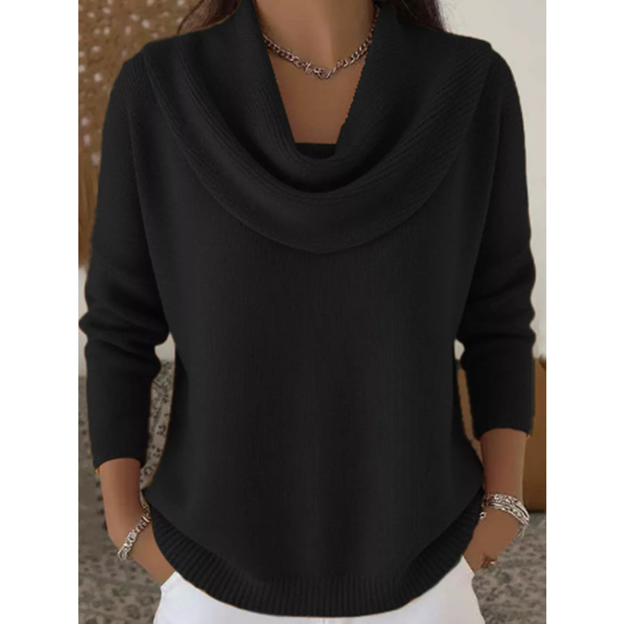 Drape Neck Long Sleeve Knit Top Black / S Apparel and Accessories