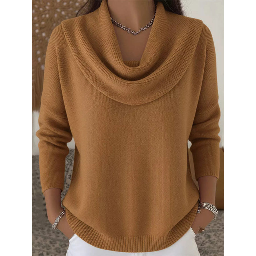 Drape Neck Long Sleeve Knit Top Brown / S Apparel and Accessories