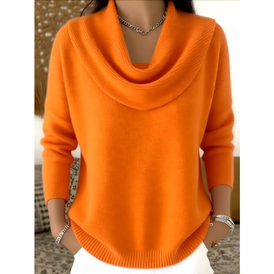 Drape Neck Long Sleeve Knit Top Orange / S Apparel and Accessories
