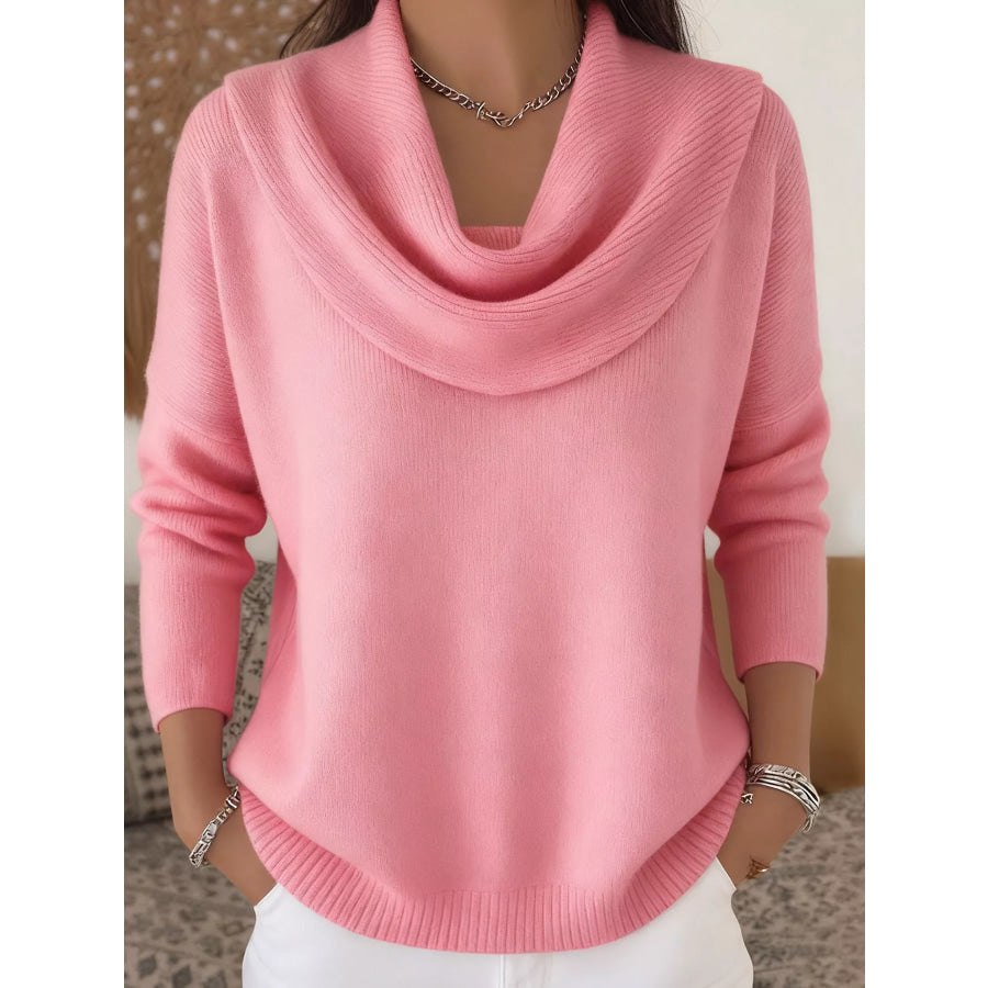 Drape Neck Long Sleeve Knit Top Pink / S Apparel and Accessories
