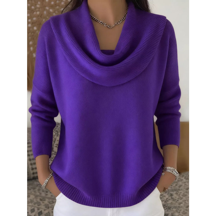 Drape Neck Long Sleeve Knit Top Purple / S Apparel and Accessories