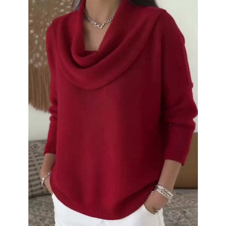 Drape Neck Long Sleeve Knit Top Red / S Apparel and Accessories
