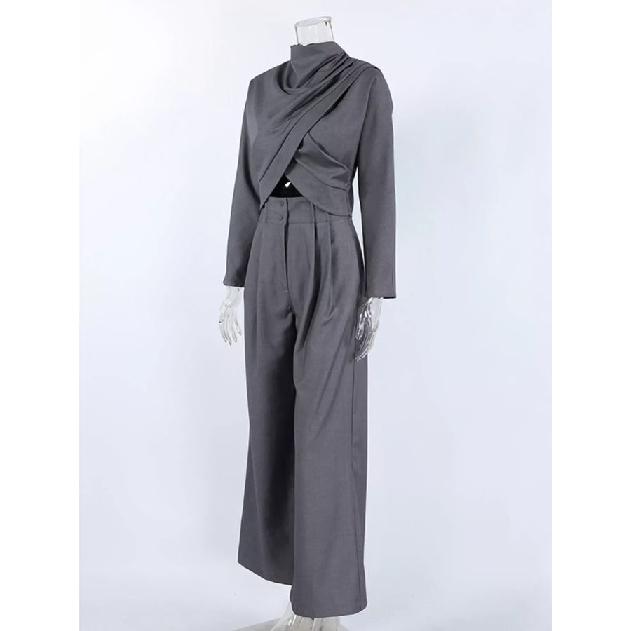 Draped Crop Top and Wide-Leg Pants Set Apparel Accessories